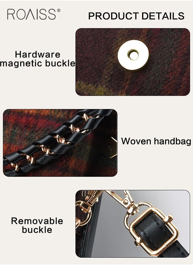 roaiss - Stitched Plaid Small Square Bag Women'S Fashion Versatile Crossbody Bag Pu Leather Plaid Woolen Spliced Adjustable Shoulder Strap Shoulder Bag - Image 1