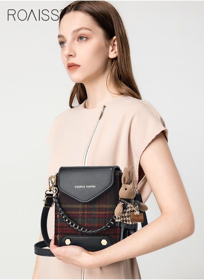 roaiss - Stitched Plaid Small Square Bag Women'S Fashion Versatile Crossbody Bag Pu Leather Plaid Woolen Spliced Adjustable Shoulder Strap Shoulder Bag - Image 1