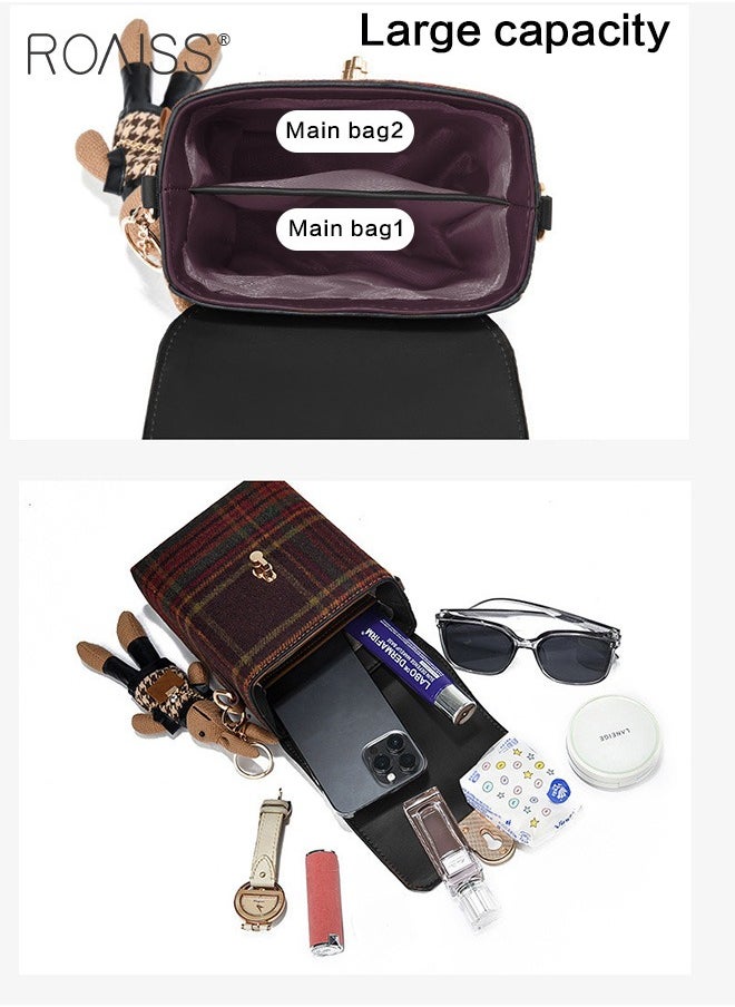 roaiss - Stitched Plaid Small Square Bag Women'S Fashion Versatile Crossbody Bag Pu Leather Plaid Woolen Spliced Adjustable Shoulder Strap Shoulder Bag - Image 1