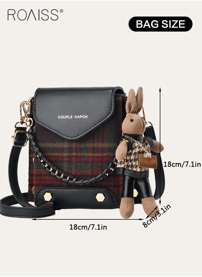 roaiss - Stitched Plaid Small Square Bag Women'S Fashion Versatile Crossbody Bag Pu Leather Plaid Woolen Spliced Adjustable Shoulder Strap Shoulder Bag - Image 1
