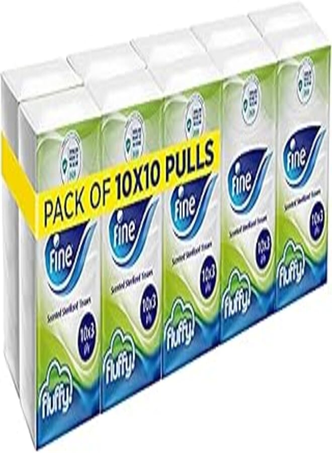 Fine Fluffy Pocket Sterilized Facial Tissues, 10 Pulls x 3 Ply - Pack of 10