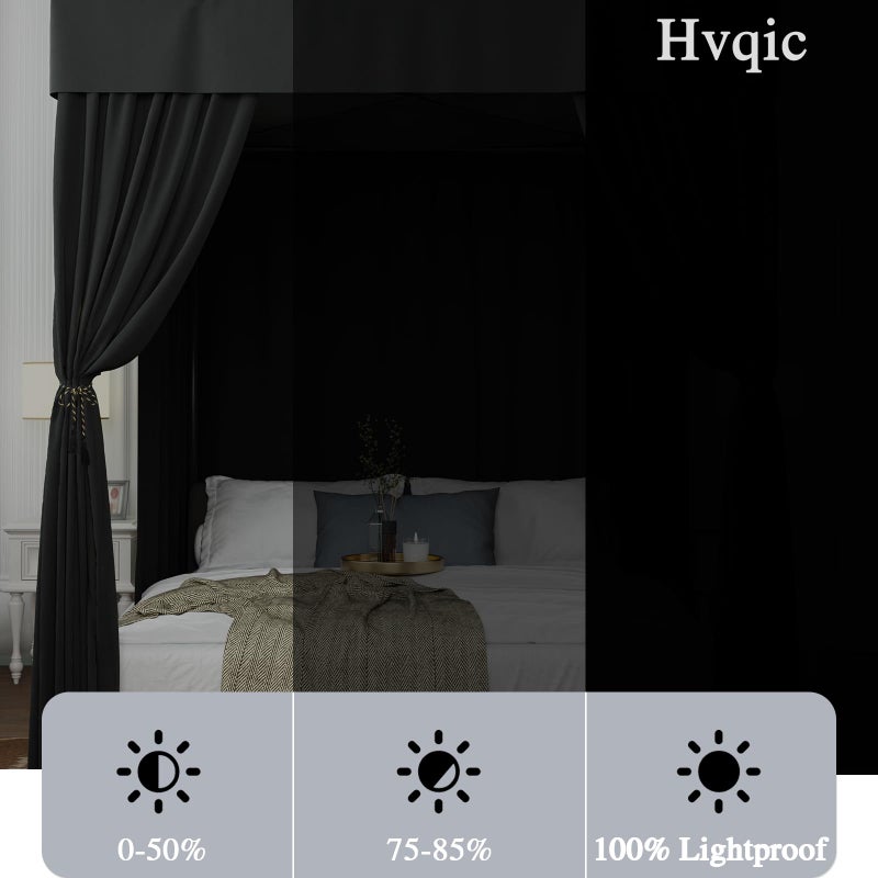 Hvqic ستائر سرير هفك الأسود - ستائر سرير بأربعة أعمدة لسرير كوين ستائر مضادة للضوء لتزيين غرفة نوم البالغين والفتيات (كوين، أسود) - Image 2