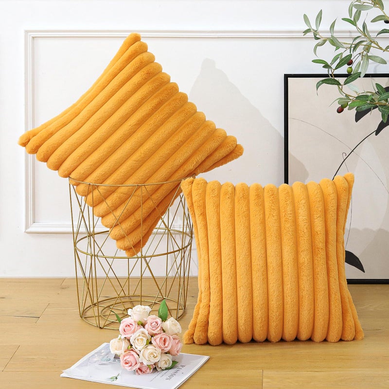 Soleebee Set of 2 Throw Pillow Covers Soft Cozy Velvet Pillowcase Faux Rabbit Fur Cover for Couch Sofa Bed Chair Home Decorative Pillows Cover (24x24 Inch  Mustard Yellow) - Image 3