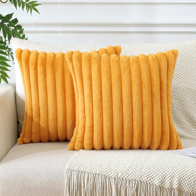 Soleebee Set of 2 Throw Pillow Covers Soft Cozy Velvet Pillowcase Faux Rabbit Fur Cover for Couch Sofa Bed Chair Home Decorative Pillows Cover (24x24 Inch  Mustard Yellow) - Image 2