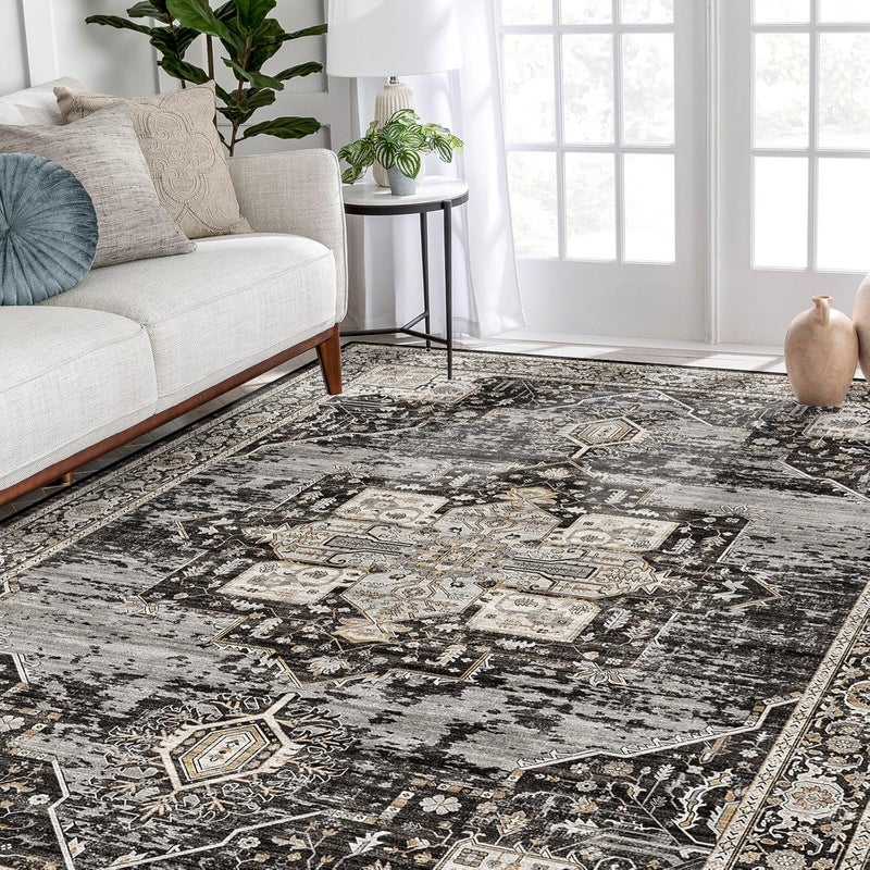 RUUGME Washable 5x7 Area Rugs - Large Rugs for Living Room Stain Resistant Carpet Vintage Rugs for Bedroom with Non Slip Backing Home Decor Floor Decoration Mat (5x7 Black) - Image 1