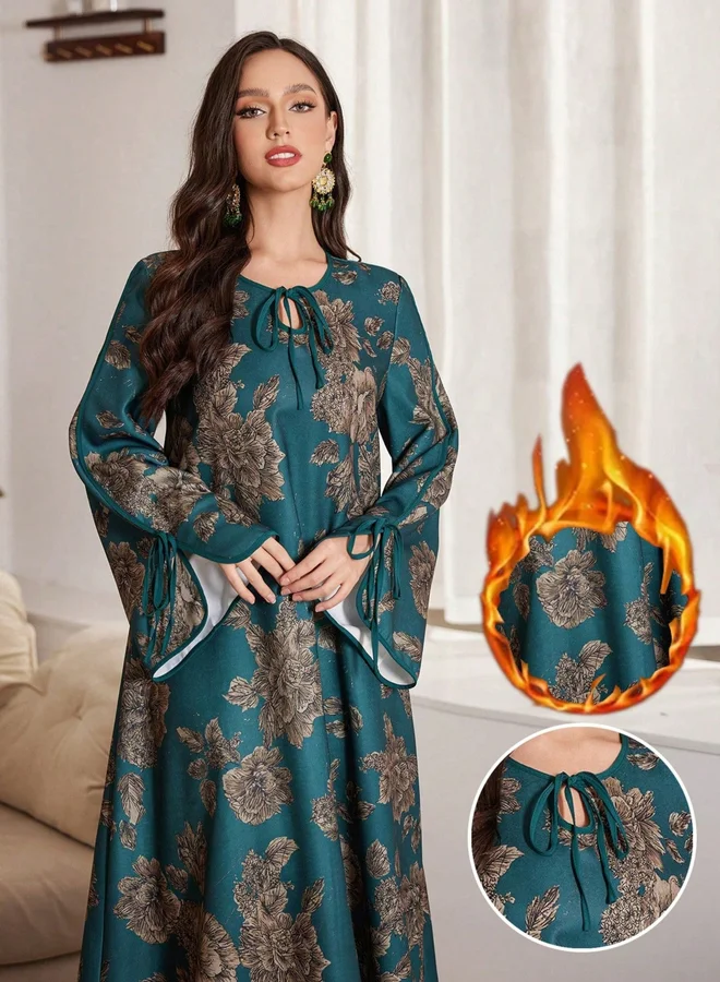 Take Two Dark Green Floral Print Tie-Up Neck A-Line Jalabiya
