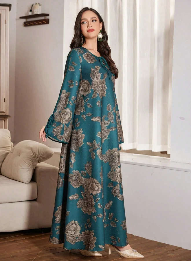Take Two Dark Green Floral Print Tie-Up Neck A-Line Jalabiya
