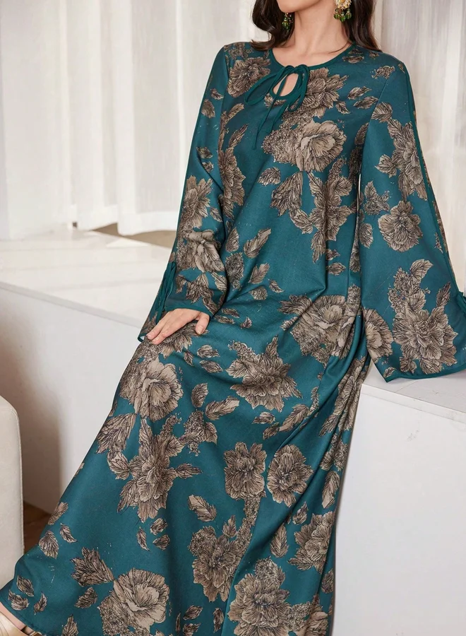Take Two Dark Green Dark Green Floral Print Tie-Up Neck A-Line Jalabiya for Women | Best Price UAE