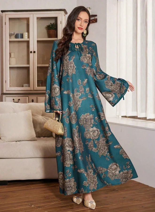 Take Two Dark Green Dark Green Floral Print Tie-Up Neck A-Line Jalabiya for Women | Best Price UAE