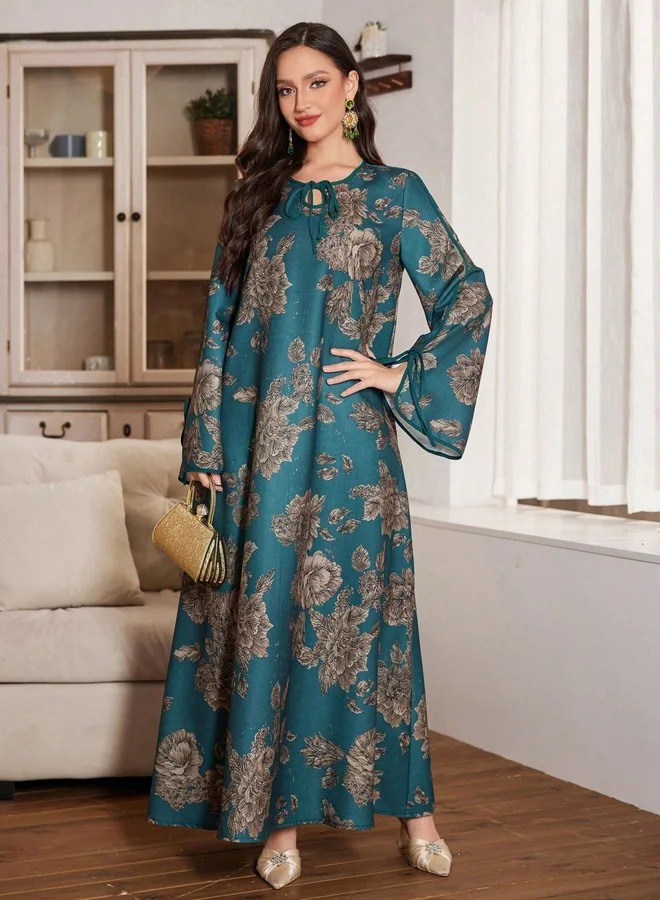 Take Two Dark Green Dark Green Floral Print Tie-Up Neck A-Line Jalabiya for Women | Best Price UAE