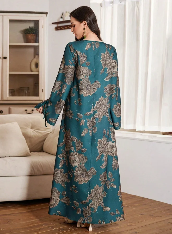 Take Two Dark Green Dark Green Floral Print Tie-Up Neck A-Line Jalabiya for Women | Best Price UAE