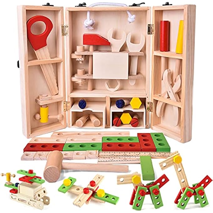 43 PCS KIDS TOOL BOX WOODEN SET, KIDS TOOL KITS, BOY GIFT LEARNING TOY CONSTRUCTION SET PRETEND PLAYSET GIFT FOR KIDS - Image 2