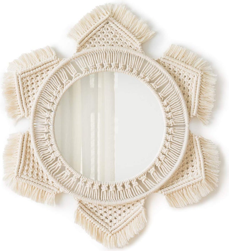 Mkono Boho Wall Mirror Decor Round Macrame Hanging Wall Art Decoration for Bedroom Nursery Living Room Apartment Office Entryways Home Teen Girl Mothers Gift Ivory