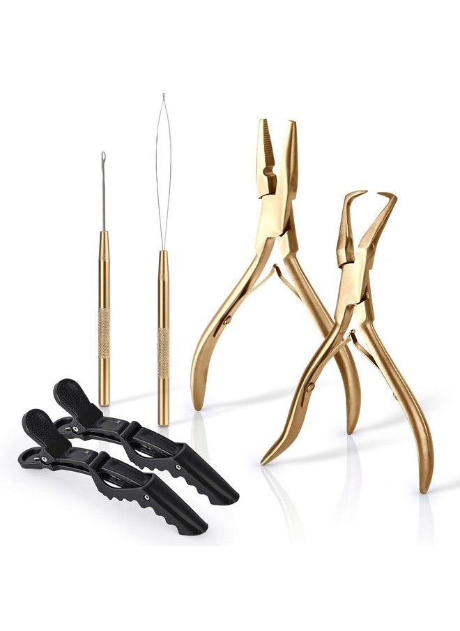 Ehdis EHDIS Hair Extension Beading Tool Kit Stainless Steel Hair Extensions Micro link Bead Closer and Remover Pliers set, Beads Hair Pulling Hook & Micro Ring Loop Tool Set (Gold)  - Image 1