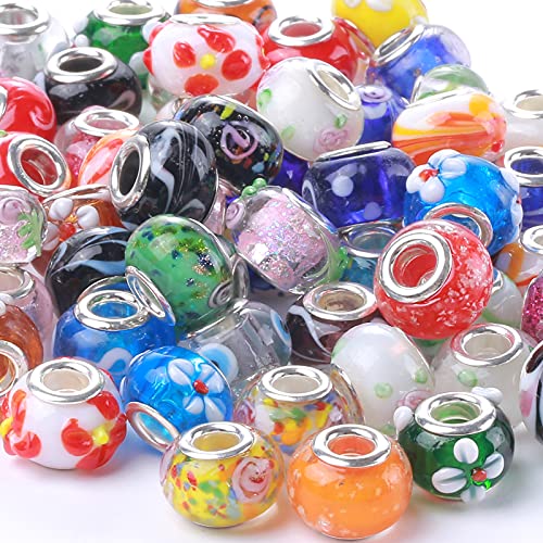 Weebee Murano Glass Beads Large Hole Glass Beads European Lampwork Spacer Charms Bead Silver Plated Cores Bracelet Charm for DIY Crafts Jewelry Making 50 Pcs Mixed - Image 1