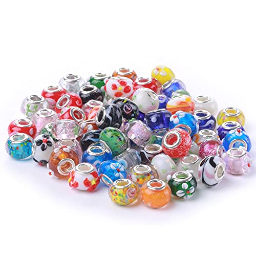 Weebee Murano Glass Beads Large Hole Glass Beads European Lampwork Spacer Charms Bead Silver Plated Cores Bracelet Charm for DIY Crafts Jewelry Making 50 Pcs Mixed - Image 2