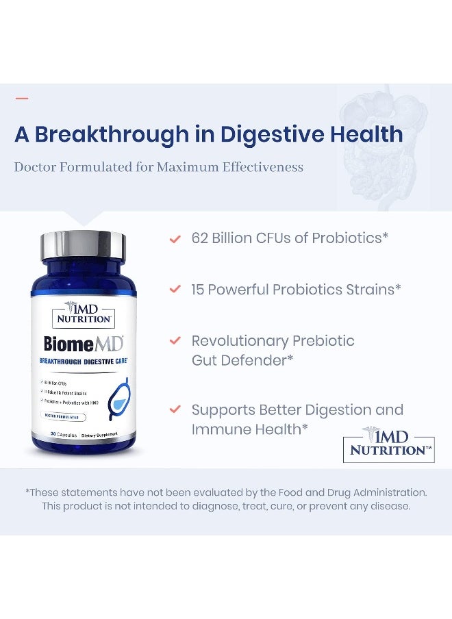 1MD Biomemd Probiotics | 62 Billion Cfus, 15 Clinically Studied Strains - Pro & Prebiotics With Hmo | Doctor-Formulated For Digestive Health & Immune Support | 30 Capsules  - Image 4