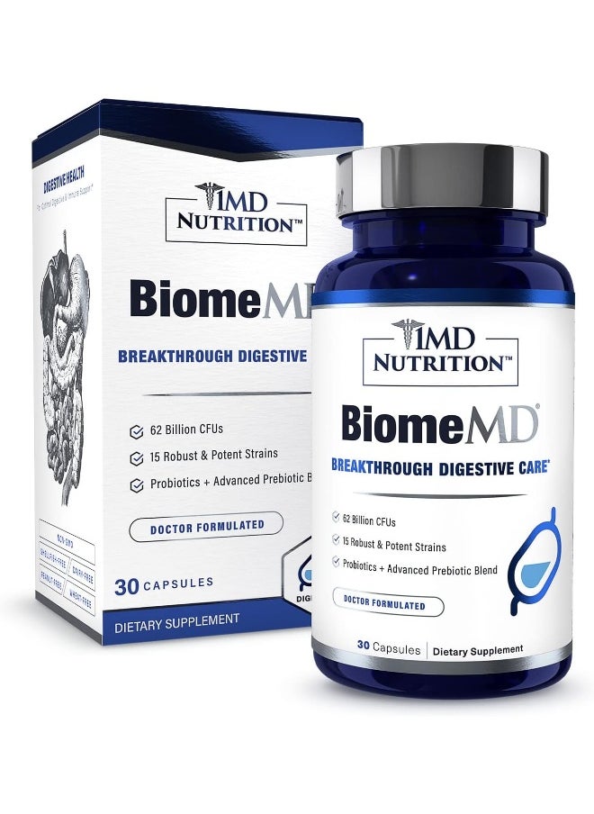 1MD Biomemd Probiotics | 62 Billion Cfus, 15 Clinically Studied Strains - Pro & Prebiotics With Hmo | Doctor-Formulated For Digestive Health & Immune Support | 30 Capsules  - Image 1