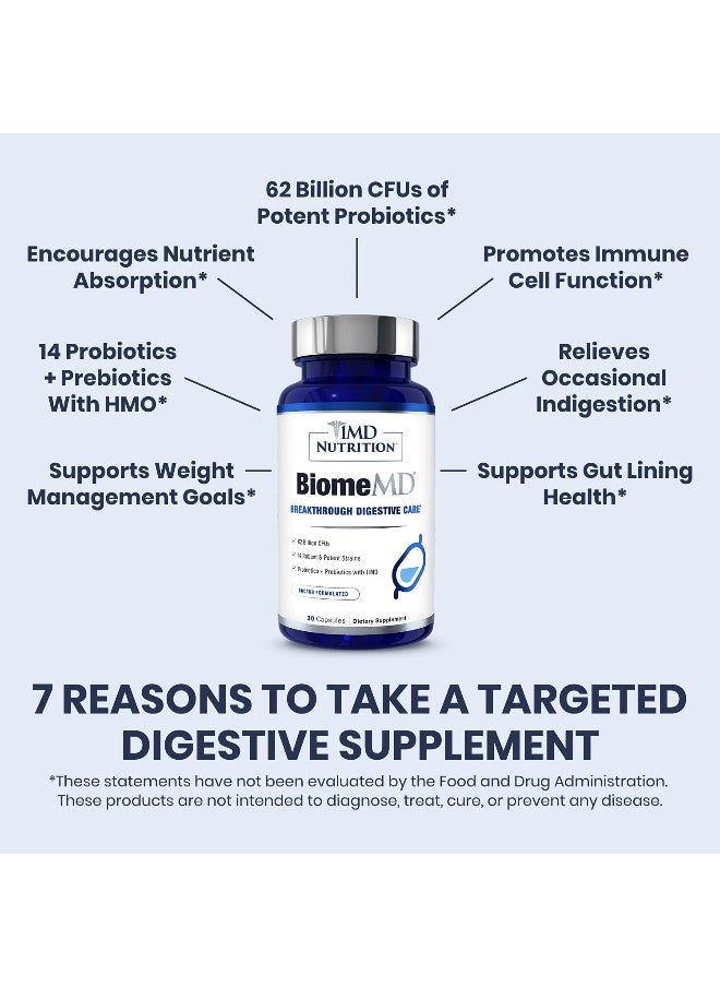 1MD Biomemd Probiotics | 62 Billion Cfus, 15 Clinically Studied Strains - Pro & Prebiotics With Hmo | Doctor-Formulated For Digestive Health & Immune Support | 30 Capsules  - Image 3