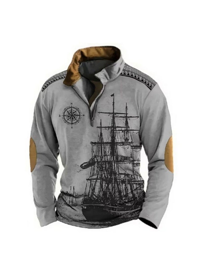 نيبمينينت نيسيمينت تي شيرت رجالي بتصميم فضفاض وطباعة ثلاثية الأبعاد بتصميم بحري قديم بقلنسوة نصف سحاب وأكمام طويلة للأزياء الشارع - Image 1