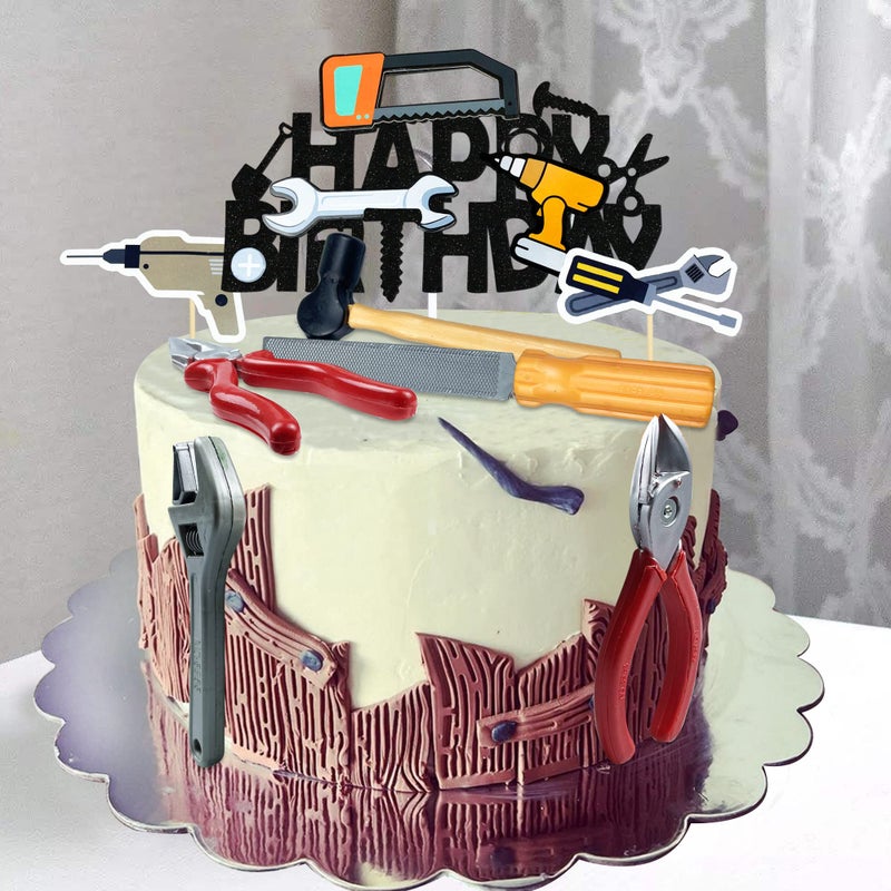 KDPATFAV 18PCS Tools Cake Topper Tools Cake Decorations Toolbox Wrench Hammer Mechanic Drill Plier Handsaw Tape Measure Screwdrivers Themed Happy Birthday Party Decor - Image 4