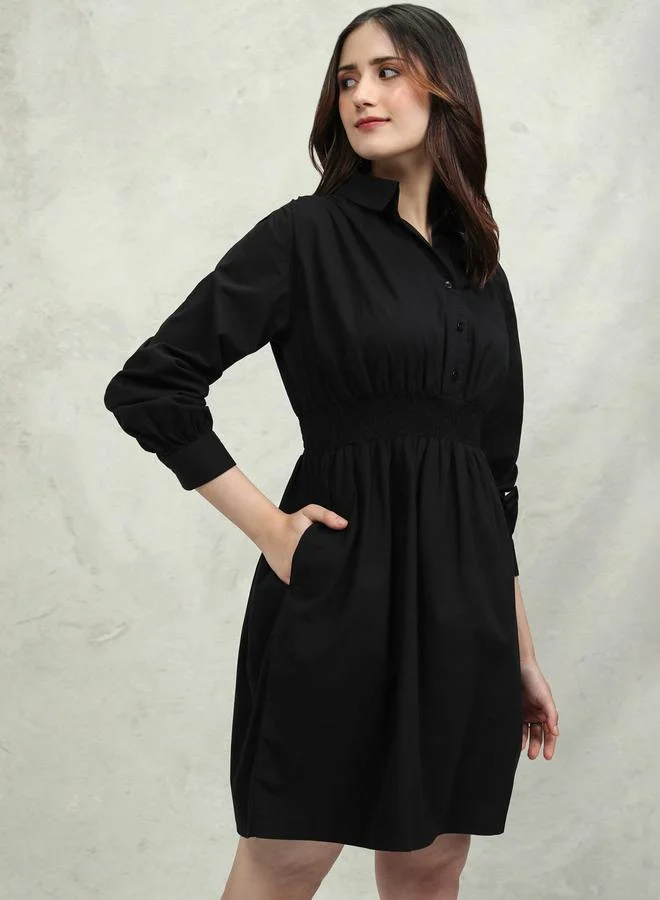 Tokyo Talkies Tokyo Talkies Solid Cotton Collared Mini Dress with Smocked Detail
