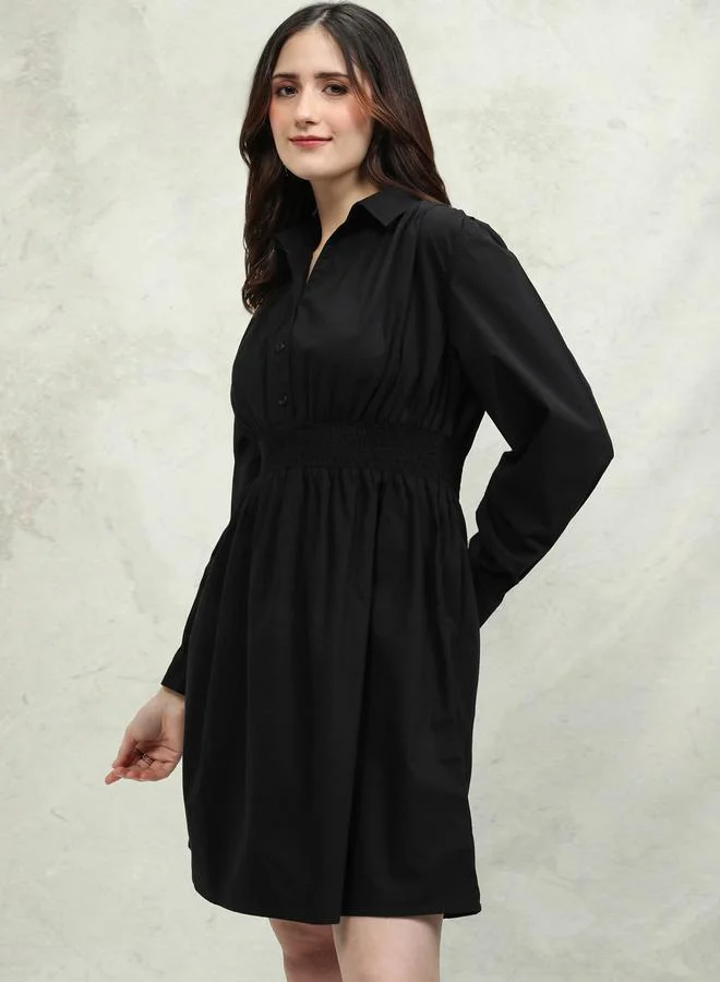 Tokyo Talkies Tokyo Talkies Solid Cotton Collared Mini Dress with Smocked Detail