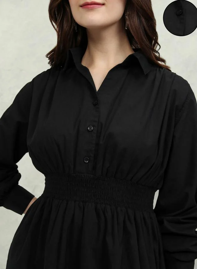 Tokyo Talkies Tokyo Talkies Solid Cotton Collared Mini Dress with Smocked Detail