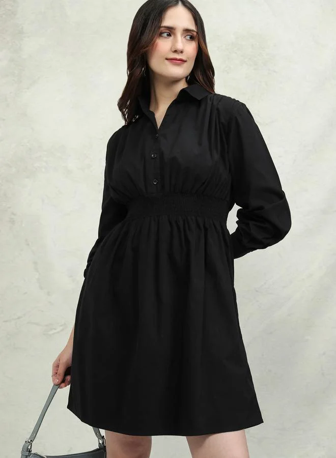 طوكيو توكيز Tokyo Talkies Solid Cotton Collared Mini Dress with Smocked Detail
