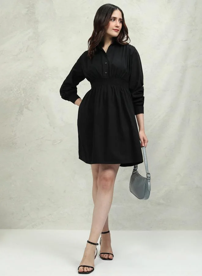 طوكيو توكيز Tokyo Talkies Solid Cotton Collared Mini Dress with Smocked Detail