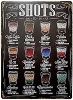 ERLOOD ERLOOD Shots Menu Retro Vintage Bar Metal Tin Sign Poster Ptyle Wall Art Pub Bar Decor 12 X 8 