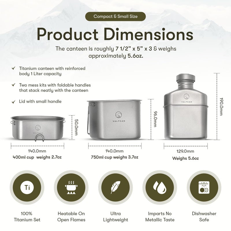 Valtcan Titanium Canteen Mess Kit 1100ml 37oz Capacity with 750ml and 400ml cookware Cups - Image 4