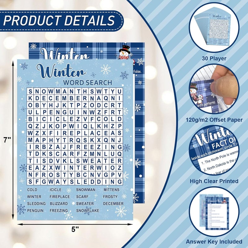 COCHIE 30 Players Winter Holiday Christmas Party Games for Adults Family Office Large Groups, Word Search Game, Guesstures Game, Fact or Flake Games with Answer Key (Winter Search) - Image 3