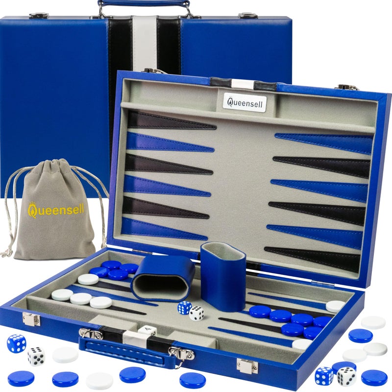 Queensell Backgammon Sets for Adults â€“ 15-Inch PU Leather Board Game â€“ Classic 2-Player Travel Backgammon Set with 32 Playing Pieces, Dice, and Cups - Image 1