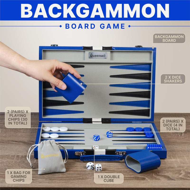 Queensell Backgammon Sets for Adults â€“ 15-Inch PU Leather Board Game â€“ Classic 2-Player Travel Backgammon Set with 32 Playing Pieces, Dice, and Cups - Image 2