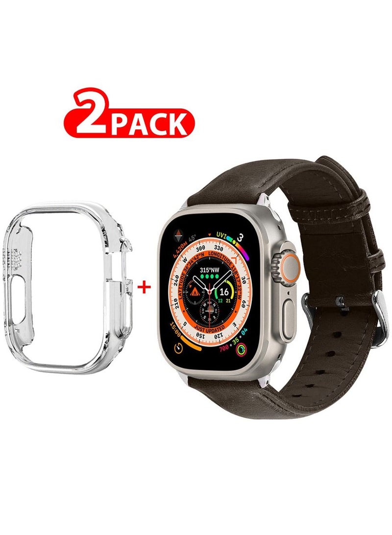 CATANES 2 Packs For Apple Watch Band 49mm Leather Band Buckle Strap Wristband and Clear Case Holder Dark Brown - Image 1