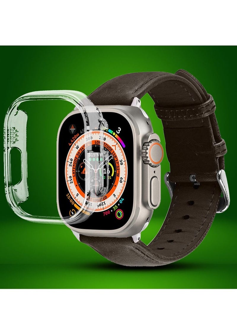 CATANES 2 Packs For Apple Watch Band 49mm Leather Band Buckle Strap Wristband and Clear Case Holder Dark Brown - Image 2