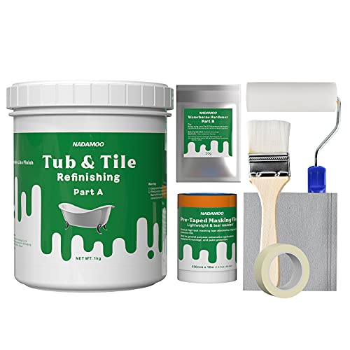 NADAMOO Tub and Tile Refinishing Kit (1kg / 35 oz, with tools), Bathtub Sink Countertop DIY Paint Kit for Bathroom Kitchen Porcelain Fiberglass, Semi-gloss White Coat - Image 1