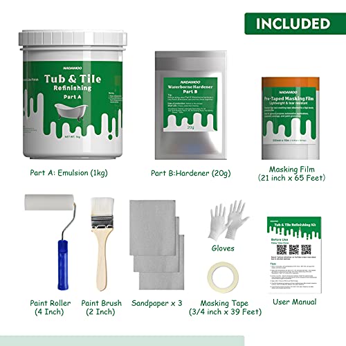 NADAMOO Tub and Tile Refinishing Kit (1kg / 35 oz, with tools), Bathtub Sink Countertop DIY Paint Kit for Bathroom Kitchen Porcelain Fiberglass, Semi-gloss White Coat - Image 2