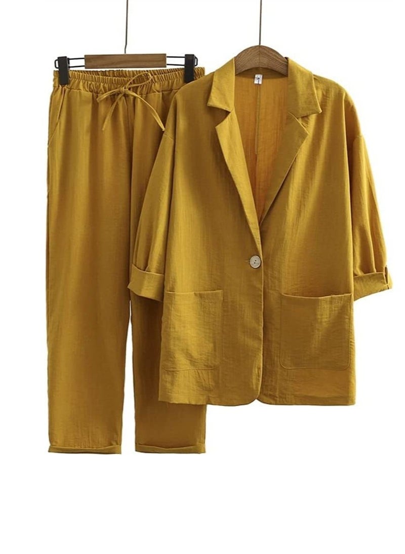 Loquat Women's Solid Color 2 Piece Set Three-Quarter Sleeve Suit Jacket And Loose Pants Casual Suit Dark Yellow 