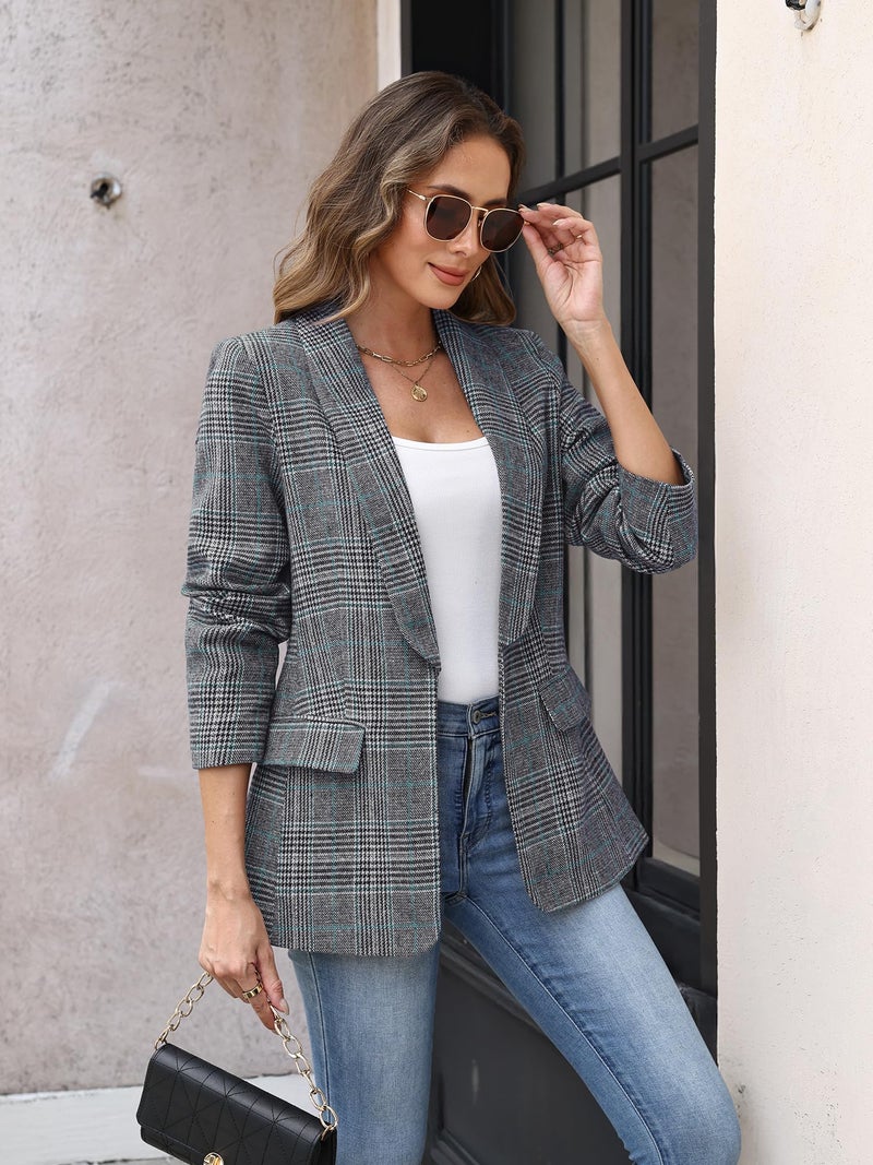 ELLEVEN Womens Casual Plaid Blazer Shawl Collar Long Sleeve Boyfriend Blazer Suit Houndstooth Plaid Blazer Dressy Coat Jacket Business Work Office Blazer Suits Black Blue Plaid Large - Image 4