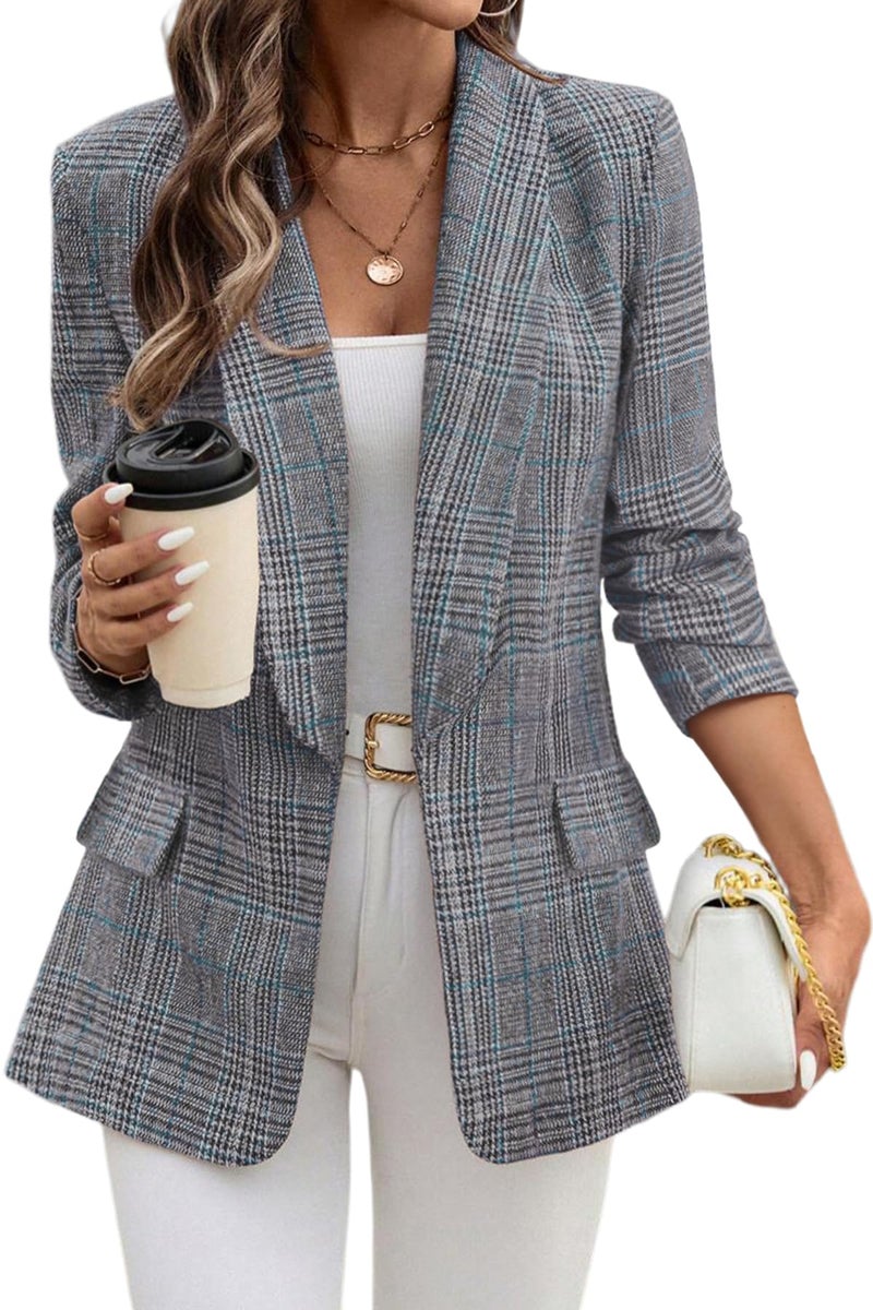 ELLEVEN Womens Casual Plaid Blazer Shawl Collar Long Sleeve Boyfriend Blazer Suit Houndstooth Plaid Blazer Dressy Coat Jacket Business Work Office Blazer Suits Black Blue Plaid Large - Image 1