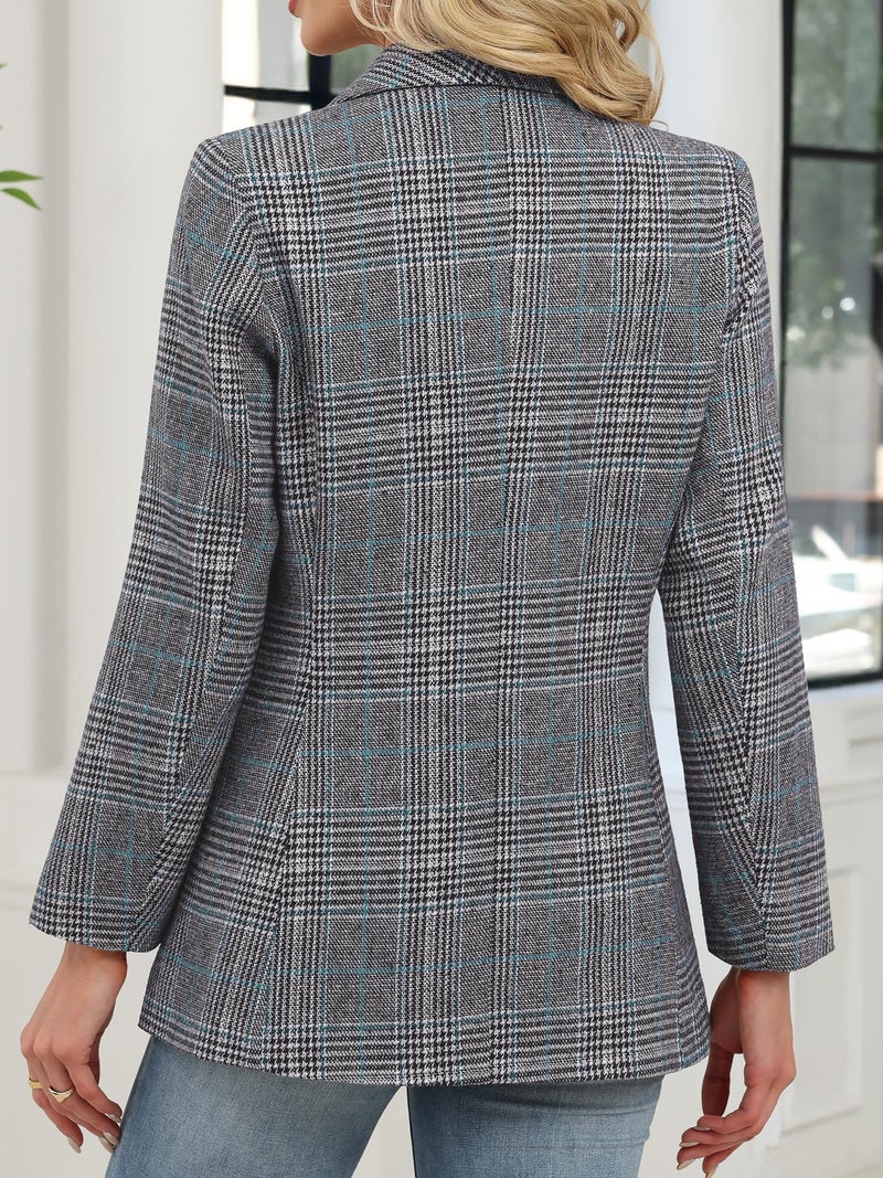 ELLEVEN Womens Casual Plaid Blazer Shawl Collar Long Sleeve Boyfriend Blazer Suit Houndstooth Plaid Blazer Dressy Coat Jacket Business Work Office Blazer Suits Black Blue Plaid Large - Image 2