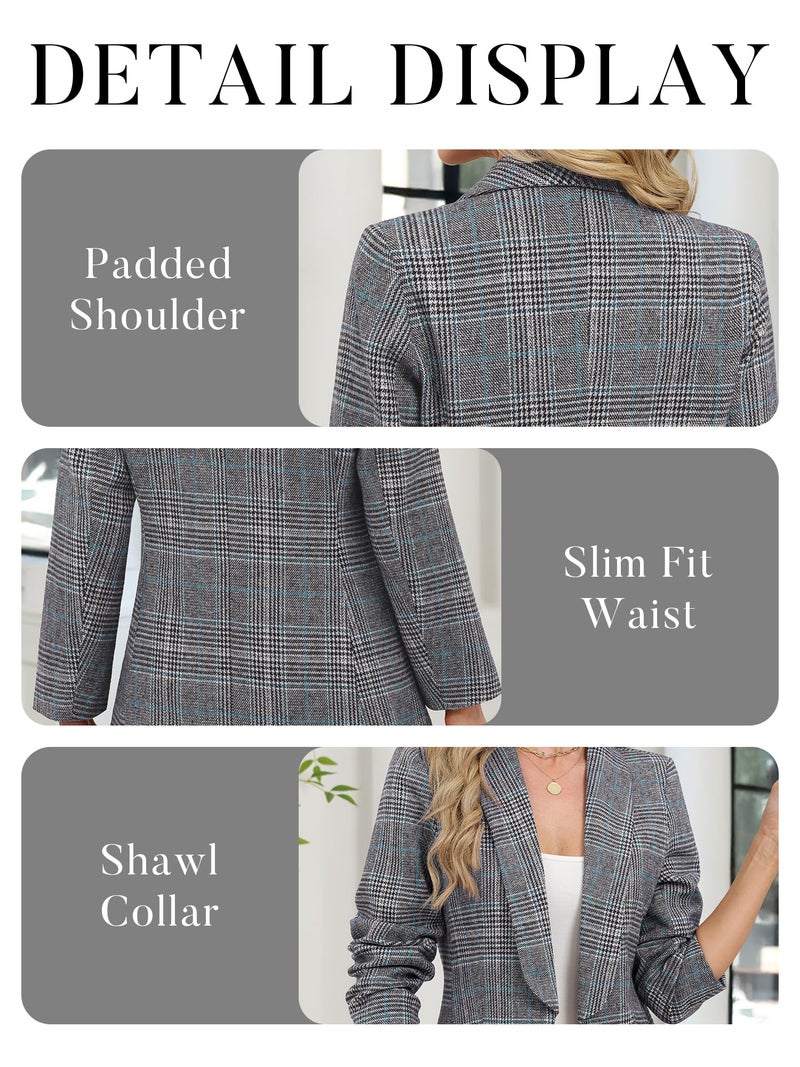 ELLEVEN Womens Casual Plaid Blazer Shawl Collar Long Sleeve Boyfriend Blazer Suit Houndstooth Plaid Blazer Dressy Coat Jacket Business Work Office Blazer Suits Black Blue Plaid Large - Image 5