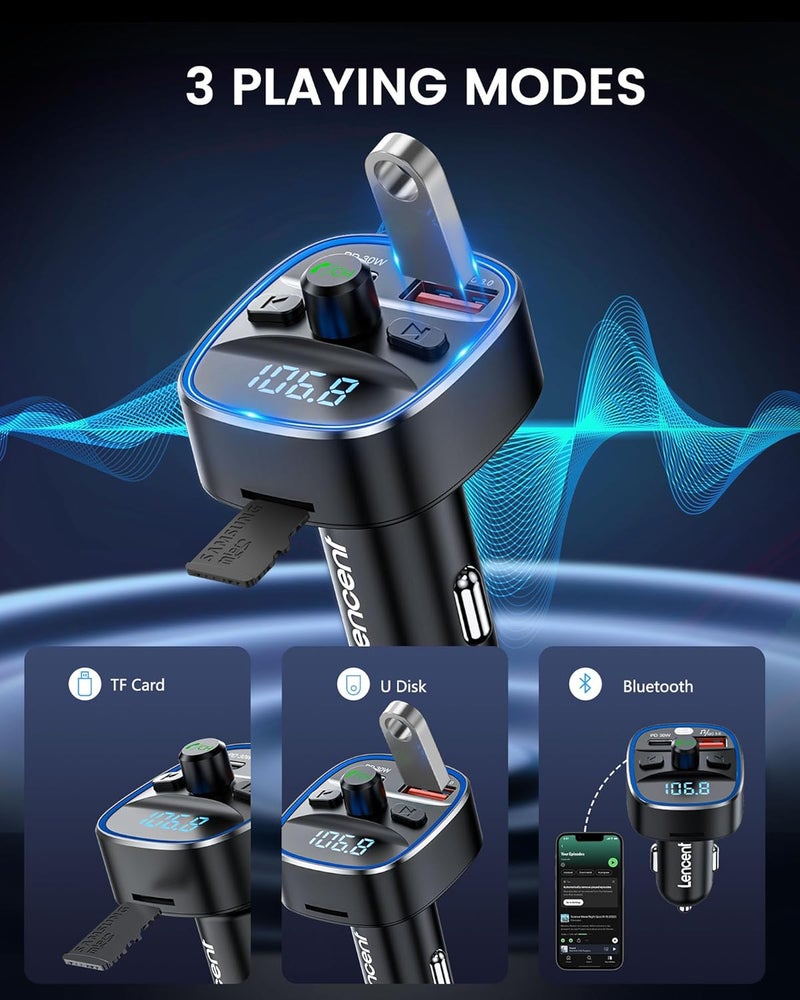 Lencent Bluetooth 5.4 FM Transmitter Car Adapter 48W [PD 30W & 18W] [7 Color Light] [Fast Charging] Wireless Radio Music Adapter Hands-Free Calling, Support USB Drive & TF Card - Image 4