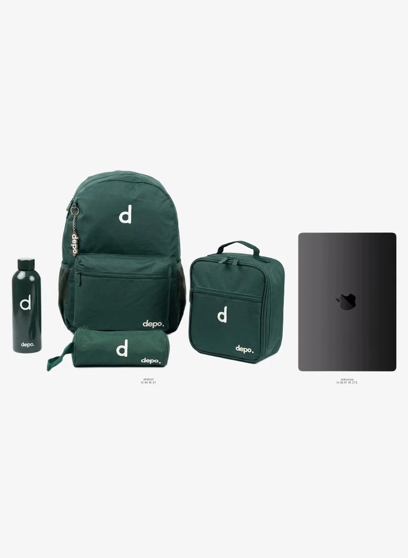 Depo DEPO Premium 4-Piece School Essentials Set – 44cm Water-Resistant Backpack, Insulated Lunch Bag, Pencil Case & 500ml Reusable Water Bottle | Lightweight | Dark Green
