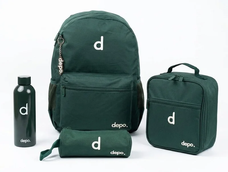 Depo DEPO Premium 4-Piece School Essentials Set – 44cm Water-Resistant Backpack, Insulated Lunch Bag, Pencil Case & 500ml Reusable Water Bottle | Lightweight | Dark Green
