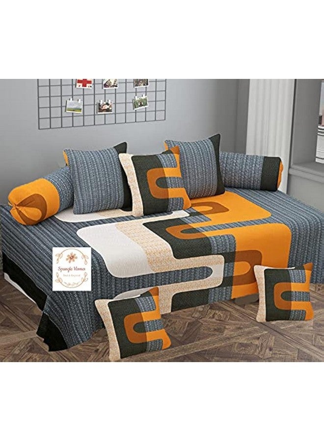 SpangleHomes Pure Cotton Geometric Diwan Set, 1 (60 X 90 Inches) Bedsheet, 5 (16x 16 inches) Cushion Covers and 2 Booster Covers (8 PCS Set, XL) (Orange&Grey, (1+2+5)) - Image 1