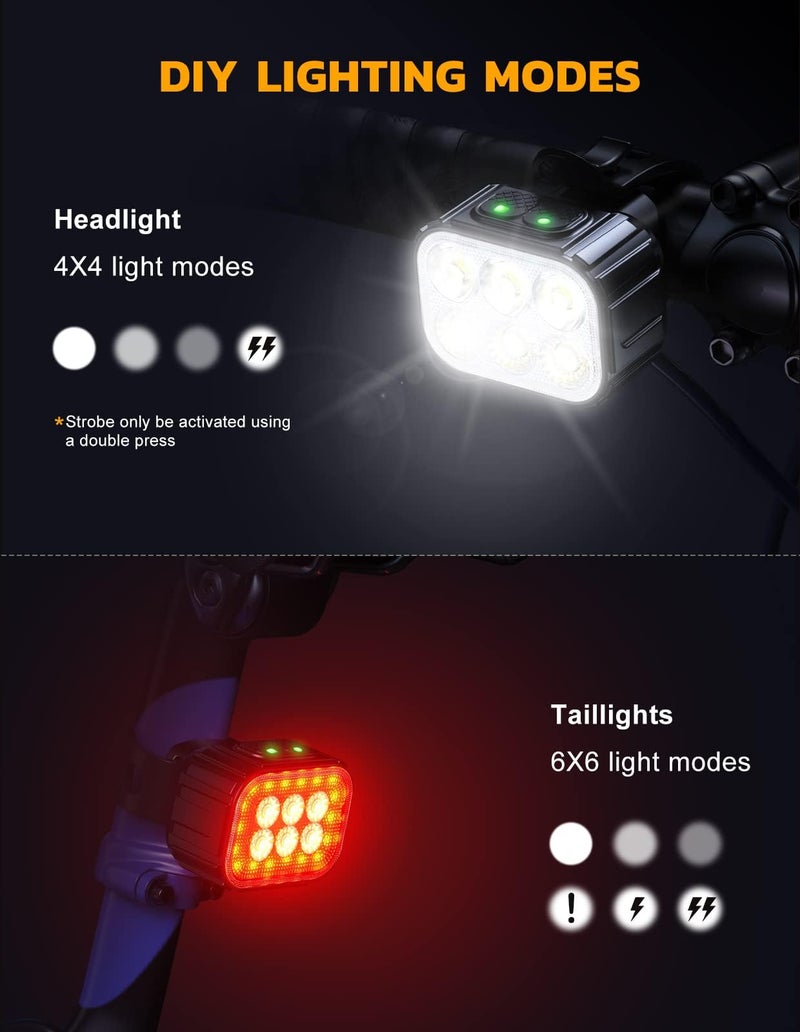 Cuvccn Bike Lights Set Ultra Bright, Cuvccn Bicycle Light Rechargeable with 6 Spot & Flood Beams, IP65 Waterproof Bike Lights for Night Riding, DIY 4X4 + 6X6 Modes Bike Headlight and Tail Light Reflectors - Image 5