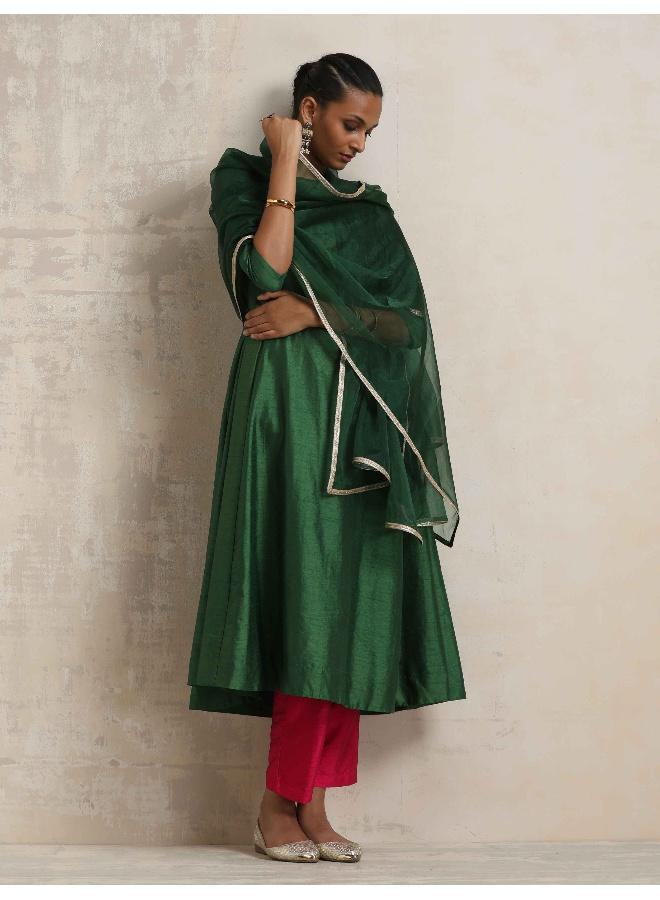trueBrowns Dark Green Anarkali Kurta Pant Dupatta Set - Image 1